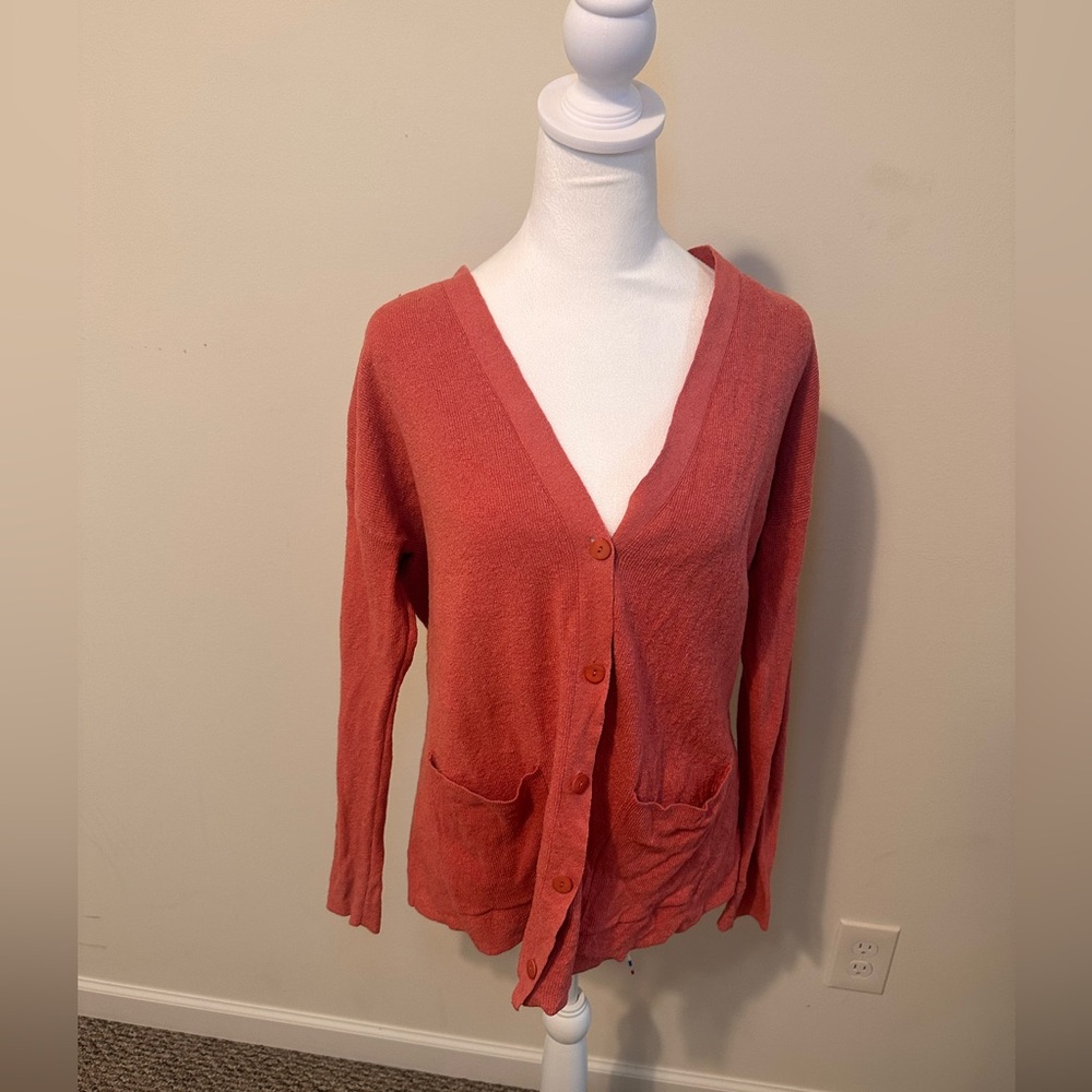 Eileen Fisher Soft Ribbed Coral Cardigan With Big Pockets Size Large - Picture 2 of 7